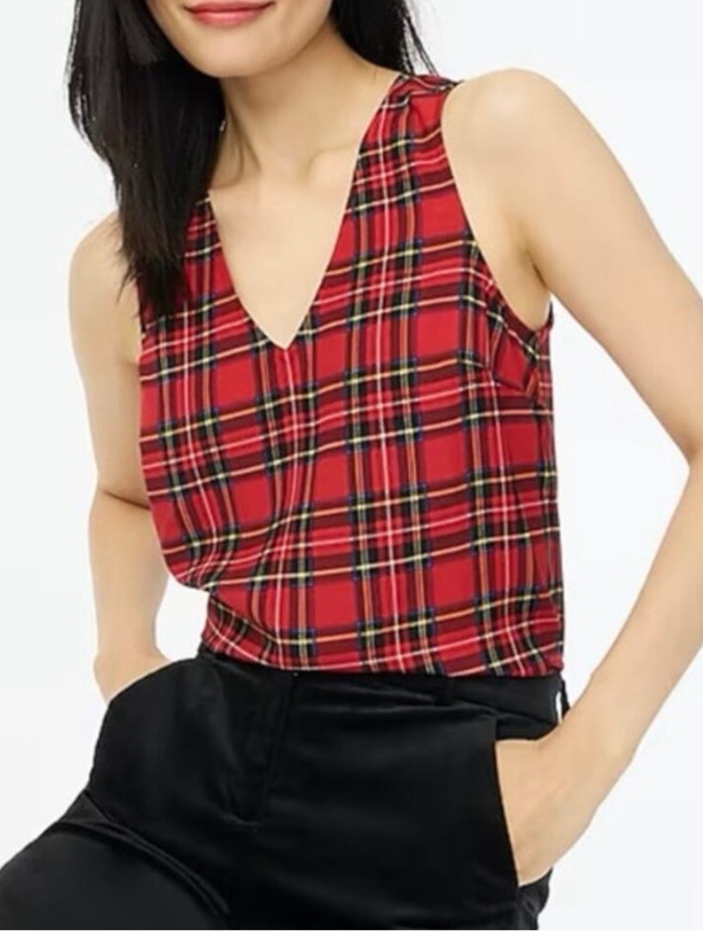 J. Crew Red Plaid Tartan V-Neck Blouse Tank Top, silky, red, cami, sz XS